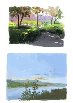 Rule 34 | apartment, blue sky, building, day, grass, highres, lake, mountainous horizon, original, outdoors, park, path, plant, road, shadow, shore, sky, slow d, tall grass, tree