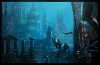 2others air_bubble arch blue_theme bridge bubble building commentary coral diving_suit english_commentary fish from_behind highres multiple_others original painterly pillar raphael-lacoste scenery tower town underwater water window