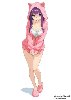 1girl :o absurdres alternate_costume animal_ear_hood animal_ears anime_coloring blunt_bangs bra breasts cat_ears cleavage clothes_tug collarbone commentary english_commentary fake_animal_ears fern_(sousou_no_frieren) full_body highres hood hood_up hooded_pajamas houlestia large_breasts long_hair long_sleeves looking_at_viewer pajamas patreon_username pink_pajamas pink_slippers purple_eyes purple_hair simple_background slippers solo sousou_no_frieren standing twitter_username underwear white_background white_bra