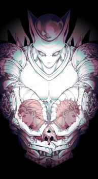 1other 2boys arrow_(jojo) black_background bug closed_mouth cupping_hands diamond_wa_kudakenai from_side heart highres holding insect jojo_no_kimyou_na_bouken kawajiri_kosaku killer_queen kira_yoshikage ladybug male_focus multiple_boys own_hands_together short_hair spikes stand_(jojo) upper_body zhhy3324
