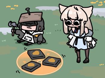 2girls animal_ears arknights arknights:_endfield bird_ears bird_girl black_hair black_mask blonde_hair blue_dress chibi coat commentary conveyor_belt dress endministrator_(arknights) eye_mask female_endministrator_(arknights) field gameplay_mechanics grass grey_coat grey_sweater hammer highres holding_hands long_hair looking_down mask multiple_girls nail_(hardware) off_shoulder open_clothes open_coat outdoors perlica_(arknights) sitting sleeveless sleeveless_dress sonwooang standing sweater symbol-only_commentary white_coat wooden_board