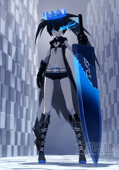 1girl 32zzz artist_name belt bikini bikini_top_only black_bikini black_boots black_cloak black_hair black_rock_shooter black_rock_shooter_(character) black_rock_shooter_beast black_shorts blue_crown blue_eyes blue_fire boots cloak closed_mouth commentary crown fire flaming_eye flat_chest floating_crown fold-over_boots full_body gauntlets hair_between_eyes highres holding holding_sword holding_weapon huge_weapon knee_boots long_hair looking_at_viewer micro_shorts navel scar short_sleeves shorts solo standing star_(symbol) swimsuit sword twintails uneven_twintails weapon white_belt