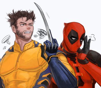 2boys beard bodysuit brown_hair claw_(weapon) clenched_teeth commentary_request deadpool deadpool_&amp;_wolverine deadpool_(series) facial_hair gloves hamu_popopo hand_on_own_face highres male_focus marvel middle_finger multicolored_bodysuit multiple_boys pectorals puff_of_air red_bodysuit red_mask short_hair squiggle superhero_costume teeth two-tone_bodysuit v-shaped_eyebrows weapon wolverine_(x-men) x-men yellow_bodysuit