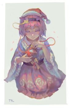 1girl artist_name blue_shirt christmas closed_eyes closed_mouth commentary eyeball facing_viewer fake_horns floral_print frilled_shirt_collar frilled_sleeves frills hair_ornament hairband hat heart heart_hair_ornament highres horns komeiji_satori long_sleeves pink_hair pink_skirt print_skirt red_hat ribbon-trimmed_collar ribbon_trim rose_print santa_hat shirt skirt solo ta'er third_eye touhou wide_sleeves