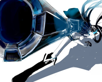 1girl ado_(adonki) aiming aiming_at_viewer arm_cannon bikini black_coat black_hair black_rock_shooter black_rock_shooter_(character) black_shorts blue_eyes blue_fire boots coat fire flaming_eye front-tie_bikini_top front-tie_top glowing glowing_eye long_hair open_clothes open_coat pale_skin rock_cannon shorts solo swimsuit twintails uneven_twintails weapon