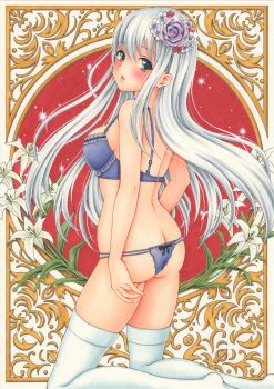1girl :o absurdres arms_at_sides ass blue_bra blue_panties blush bow bow_panties bra butt_crack commentary flower from_behind full_body green_eyes grey_hair hair_flower hair_ornament highres kneeling long_hair looking_at_viewer looking_back marker_(medium) median_furrow midori_(mira567) no_shoes original panties parted_lips purple_flower purple_rose red_background rose solo straight_hair string_panties thighhighs traditional_media underwear underwear_only white_background white_lily white_thighhighs