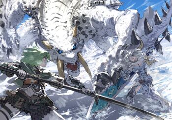 2girls absurdres armor armored_boots bag barioth battle belt_bag blue_eyes boots breastplate capelet claws couter crop_top gauntlets green_capelet green_hair grey_hair highres holding holding_polearm holding_weapon huge_weapon leg_armor medium_hair monster monster_hunter_(character) monster_hunter_(series) multiple_girls polearm poleyn red_eyes skirt spiked_wings sword touro tusks vambraces weapon