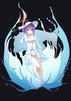 1girl alternate_halo arck_10 atsuko_(blue_archive) atsuko_(swimsuit)_(blue_archive) bikini black_background blue_archive breasts coat commentary frilled_bikini frills halo hat highres long_hair long_sleeves navel official_alternate_costume purple_hair red_eyes see-through_clothes see-through_coat solo splashing sun_hat swimsuit water white_bikini white_hat yellow_halo