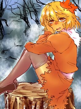 Rule 34 | 1girl, aki shizuha, black thighhighs, blonde hair, hair ornament, highres, leaf hair ornament, looking at viewer, nunnun (shunka shuutou), one-hour drawing challenge, open mouth, red shirt, red skirt, shirt, short hair, sitting, skirt, solo, thighhighs, touhou