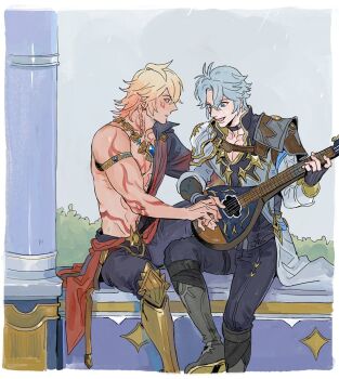 2boys antenna_hair arm_tattoo armlet armor armored_boots black_boots black_coat black_gloves black_pants black_shirt blonde_hair blue_eyes boots braid chest_tattoo coat facial_tattoo fingerless_gloves gloves gold_necklace gradient_hair guitar hair_between_eyes holding holding_guitar holding_instrument honkai:_star_rail honkai_(series) instrument jewelry knee_boots male_focus medium_hair multicolored_hair multiple_boys mydei_(honkai:_star_rail) necklace on_railing open_clothes open_coat p1enon pants parted_bangs pauldrons phainon_(honkai:_star_rail) railing red_hair red_tattoo shirt short_hair shoulder_armor side_braid single_glove single_pauldron tattoo teaching toned toned_male white_coat white_hair yellow_eyes