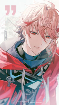 1boy ahoge antenna_hair bishounen black_shirt blurry blurry_foreground character_name closed_mouth commentary_request crossed_bangs drawstring ear_piercing earrings hair_between_eyes highres hood hood_down hooded_jacket jacket jewelry looking_at_viewer male_focus manomenou multicolored_hair nijisanji open_clothes open_jacket parted_lips piercing pink_hair red_eyes red_hair red_jacket seraph_dazzlegarden shirt short_hair simple_background smile solo streaked_hair stud_earrings tassel turtleneck twitter_username upper_body virtual_youtuber watermark white_background zipper