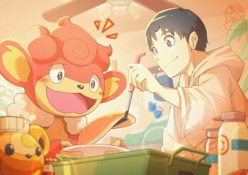 Rule 34 | 1boy, :3, absurdres, artist name, azurill, black hair, blush, blush stickers, bottle, ceiling fan, closed mouth, commentary request, food, gen 2 pokemon, gen 3 pokemon, gen 5 pokemon, highres, holding, holding plate, holding spatula, honey, hood, hood down, hoodie, indoors, lens flare, long sleeves, microbihon, milk, milk bottle, moomoo milk, nintendo, open mouth, original, pancake, plate, pokemon, pokemon (creature), short hair, simisear, smile, spatula, teddiursa, themed object, tray, white hoodie