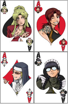 4girls ace_(playing_card) ace_of_clubs ace_of_diamonds ace_of_hearts ace_of_spades balalaika_(black_lagoon) black_hair black_lagoon blonde_hair braid breasts brown_hair card chibi chibi_inset cigar cleavage club_(shape) clubs cross cross_necklace diamond_(shape) diamonds diamonds_(playing_card) eda_(black_lagoon) glasses habit heart hearts_(playing_card) highres holster jewelry long_hair looking_at_viewer maid maid_headdress medium_breasts mimiyama_kiichi mole mole_under_eye multiple_girls necklace nun opaque_glasses playing_card playing_card_theme ponytail revy_(black_lagoon) roberta_(black_lagoon) round_eyewear scar shoulder_holster spade spade_(shape) spades sunglasses tattoo twin_braids