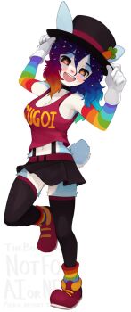 1girl :d animal_ears blush_stickers breasts cleavage colored_skin cupcake_(yoako) foot_up furry furry_female gloves hands_up hat highres large_breasts looking_at_viewer multicolored_hair navel open_mouth original rainbow_hair rainbow_print shirt shoes simple_background smile socks solo thighhighs top_hat white_background white_gloves white_skin yoako