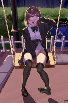 1girl absurdres between_legs colegial exhibitionism groin hand_between_legs highres no_panties outdoors park public_indecency school_uniform tagme thighhighs