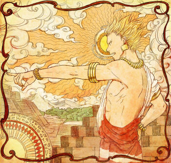 1boy architecture babylon bad_id bad_pixiv_id blonde_hair bracelet cloud earrings fate/stay_night fate_(series) gilgamesh_(fate) jewelry male_focus mesoamerican_architecture necklace official_alternate_costume pointing pyramid_(structure) red_eyes short_hair solo sun teito_(yukitoki-tatsuhi) toga topless_male yukitoki-tatsuhi ziggurat