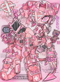1girl amatou_akuma animal_ear_headphones animal_ears armband bag bandages bandaid bandaid_on_eye bandaid_on_face bandaid_on_hair bandaid_on_leg belt belt_collar blue_eyes bow broken_heart cellphone cellphone_charm censored chain chain_bracelet charm_(object) choker collar cross crossed_bandaids crossed_legs demon_tail ear_piercing earrings english_text eyepatch fake_animal_ears female_focus fingernails flip_phone frilled_leotard frills full_body gen_1_pokemon hair_ornament hairclip hat headphones heart heart-shaped_pupils heart_eyepatch heart_print highres holding holding_game_cartridge jewelry leg_warmers legendary_pokemon leotard looking_at_viewer medical_eyepatch mew_(pokemon) mosaic_censoring multicolored_eyes mythical_pokemon nail_polish nintendo nurse_cap original phone piercing pill pill_hair_ornament pink_arm_warmers pink_bag pink_belt pink_bow pink_buckle pink_eyes pink_frills pink_hair pink_leotard pink_nails pink_purse pink_shoes pink_sneakers pink_straps pink_theme pink_veins pixel_art platform_shoes platform_sneakers playing_games pointy_tail pokemon pokemon_(creature) ringed_eyes shoes short_hair sitting sleeveless sneakers solo spiked_collar spikes stuffed_animal stuffed_toy symbol-shaped_pupils symbol_in_eye tail tamagotchi_(virtual_pet) veins veiny_face veiny_hands virtual_pet_(toy) white_cap white_hat