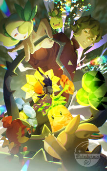 1boy 1girl absurdres brassius_(pokemon) charcadet chatutuan closed_mouth commentary_request frown gen_2_pokemon gen_5_pokemon green_hair hair_between_eyes highres jacket juliana_(pokemon) looking_down nintendo pawmo petilil pokemon pokemon_(creature) pokemon_sv purple_shorts red_jacket shirt shoes short_hair short_sleeves shorts smoliv socks sudowoodo terastallization twintails watermark whip