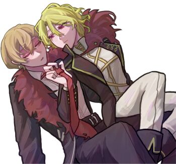 1boy 1girl belt black_pants black_suit blonde_hair closed_mouth clothes_grab collared_shirt couple cowboy_shot don_quixote_(project_moon) dutch_angle formal_clothes fur_trim hetero highres limbus_company meng_luoo necktie necktie_grab neckwear_grab open_mouth pants parted_lips project_moon red_eyes red_necktie sancho_(project_moon) shirt simple_background sinclair_(project_moon) suit white_background white_shirt