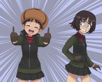 2girls ^_^ alina_(girls_und_panzer) black_gloves black_hair blush closed_eyes double_middle_finger girls_band_cry girls_und_panzer gloves hat kkonmulbeom_nyomy looking_at_another middle_finger multiple_girls nina_(girls_und_panzer) pravda_military_uniform scene_reference school_uniform short_hair smile standing sweat teeth twintails upper_teeth_only ushanka white_gloves