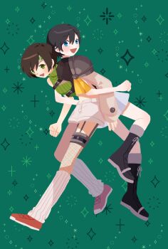2girls :d absurdres armor asymmetrical_legwear back-to-back black_boots black_hair black_shirt blue_eyes boots brown_hair brown_shorts chest_harness clenched_hands final_fantasy final_fantasy_vii fishnet_thighhighs fishnets forehead_protector from_side full_body green_background green_eyes green_headband green_sweater hair_between_eyes harness headband highres kingdom_hearts kingdom_hearts_iii lace-up_boots lifting_person locked_arms looking_at_viewer looking_back looking_to_the_side loose_socks midriff multiple_girls open_fly open_mouth pauldrons red_shoes ribbed_socks ribbed_sweater ribbon shirt shoes short_hair short_shorts shorts shoulder_armor single_bare_shoulder single_pauldron single_thighhigh skirt sleeveless sleeveless_sweater sleeveless_turtleneck smile sneakers socks sparkle square_enix sweater swept_bangs thighhighs trait_connection turtleneck turtleneck_sweater white_skirt white_socks xion_(kingdom_hearts) yellow_ribbon yomyompi yuffie_kisaragi