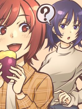 2girls ? atsuko_(minami-ke) blue_eyes blue_hair blush breasts brown_eyes brown_hair brown_shirt food hands_up highres holding holding_food jitome large_breasts long_sleeves looking_at_another looking_at_viewer looking_to_the_side maki_(minami-ke) medium_hair minami-ke multiple_girls official_art open_clothes open_mouth open_shirt orange_background plaid_clothes plaid_shirt roasted_sweet_potato sakuraba_koharu shirt short_hair simple_background smile speech_bubble spoken_question_mark sweatdrop sweet_potato teeth turtleneck upper_body upper_teeth_only