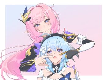 2girls 332e_e ahoge bare_shoulders beret black_gloves black_shrug blue_eyes blue_hair border cheek_pinching commentary_request dress elf elysia_(honkai_impact) elysia_(miss_pink_elf)_(honkai_impact) flower gloves griseo griseo_(starry_impression) hair_flower hair_ornament hat honkai_(series) honkai_impact_3rd multiple_girls open_mouth pinching pink_hair pointy_ears purple_eyes shrug_(clothing) single_glove smile white_border white_dress