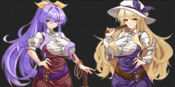 2girls belt blonde_hair bow breasts buttons collared_shirt commentary dress eaglov expressionless folding_fan grey_background grid_background hair_between_eyes hair_bow hair_ribbon hand_fan hand_on_own_hip hat hat_ribbon high_ponytail highres holding holding_fan jewelry katana large_breasts long_hair long_sidelocks long_sleeves looking_at_viewer multiple_girls pixel_art ponytail purple_belt purple_dress purple_eyes purple_hair purple_ribbon red_dress ribbon ring shirt short_sleeves sidelocks single_strap standing sword symbol-only_commentary touhou upper_body watatsuki_no_toyohime watatsuki_no_yorihime weapon white_hat yellow_eyes yellow_ribbon