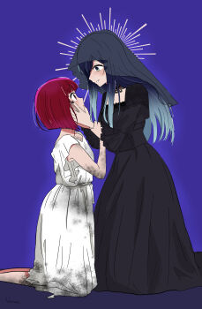 2girls absurdres arima_kana black_dress black_nails blue_eyes blue_hair bob_cut commentary dirty dirty_clothes dress english_commentary gradient_hair hand_on_another&#039;s_chin highres inverted_bob kurokawa_akane long_hair multicolored_hair multiple_girls nana_(7kah) open_mouth oshi_no_ko red_eyes red_hair short_hair short_sleeves veil white_background yuri