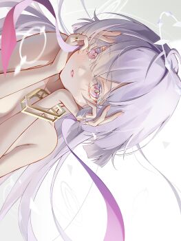 1girl absurdres chigusa7h colored_eyelashes commentary fingernails grey_hair halo hands_on_own_face hashtag-only_commentary highres long_fingernails long_hair looking_at_viewer mornye_(wuthering_waves) parted_lips red_eyes solo upper_body wuthering_waves