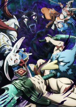 1girl akitsu_akane armor aura blue_hair dagger dark_aura dual_wielding emul_(shangri-la_frontier) full_armor glowing glowing_eyes highres holding holding_dagger holding_knife holding_weapon katana knife monster ninja official_art open_mouth plume rabbit red_eyes scar shangri-la_frontier sharp_teeth sunraku_(shangri-la_frontier) sword teeth v-shaped_eyebrows vysache_(shangri-la_frontier) weapon wolf