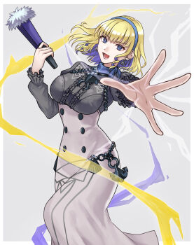 1girl absurdres blonde_hair blue_choker blue_eyes blue_hairband breasts choker colored_inner_hair constance_von_nuvelle dress drill_hair drill_sidelocks earrings fire_emblem fire_emblem:_three_houses garreg_mach_monastery_uniform hairband hand_fan hazuki_(nyorosuke) highres holding holding_fan jewelry large_breasts long_sleeves looking_at_viewer magic multicolored_hair nintendo open_mouth purple_hair scarf_choker short_hair sidelocks simple_background smile solo teeth two-tone_hair