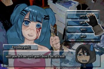 1boy 1girl apartment bandaged_arm bandages bed black_gloves black_hoodie blood bloody_bandages bloody_tears blue_hair blunt_bangs boxcutter charging_device chibi clenched_teeth commentary cry_of_fear detached_arm dialogue_box dialogue_options distortion drawer dress english_commentary english_text eyeball fingerless_gloves glitch gloves grin hair_ornament hairclip hand_cursor head_tilt highres holding holding_boxcutter hood hood_up hoodie implied_self-harm lacey_(lacey_games) lacey_games long_hair outline parallel_hairclips pink_dress raised_eyebrow short_twintails sidelocks simon_henriksson smile spaghetti_strap sweatdrop teeth twintails upper_body white_outline wrist_cutting x_hair_ornament zonicosz