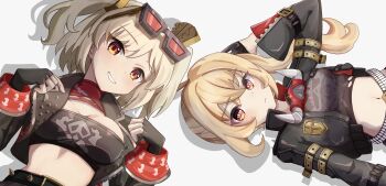 2girls absurdres belt black_belt black_gloves black_jacket black_shirt blonde_hair breasts brown-framed_eyewear burnice_white closed_mouth commentary_request crop_top cropped_jacket eyewear_on_head fingerless_gloves gloves grin highres jacket long_hair looking_at_viewer luciana_de_montefio mask mask_around_neck medium_breasts medium_hair midriff multiple_girls navel open_clothes open_jacket red-tinted_eyewear red_eyes shadow shirt small_breasts smile sugunejineji sunglasses tinted_eyewear twintails upper_body white_background zenless_zone_zero