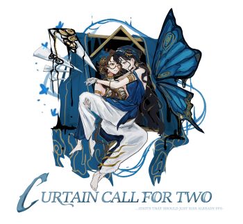 2girls ;) absurdres alternate_costume armlet barefoot black_dress black_hair blue_butterfly blue_veil brown_hair bug butterfly carrying dress english_text evening_gown full_body glasses green_eyes highres hobble_dress insect invisible_chair isolde_(reverse:1999) jewelry kakania_(reverse:1999) long_dress long_hair looking_at_another low_ponytail multiple_girls noriiikonbu official_alternate_costume one_eye_closed ponytail princess_carry profile purple_eyes reverse:1999 sitting sleeveless sleeveless_dress smile two-tone_dress veil very_long_hair wavy_hair white_dress yuri