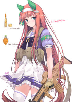 1girl ammunition_pouch animal_ears armband assault_rifle blue_eyes blunt_bangs blush bow bowtie brown_gloves bullet carrot commentary_request ear_covers explosive fn_scar_16 gloves green_armband green_eyes grenade gun hairband hime_cut holding holding_gun holding_weapon horse_ears horse_girl horse_tail long_hair looking_at_viewer orange_hair orange_tail pleated_skirt pouch puffy_short_sleeves puffy_sleeves purple_bow purple_bowtie purple_shirt revision rifle sailor_collar sailor_shirt school_uniform shirt short_sleeves silence_suzuka_(umamusume) skirt solo tail thighhighs tracen_school_uniform umamusume vest weapon white_hairband white_sailor_collar white_skirt white_thighhighs yumesato_makura