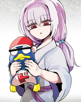 1girl 1other angry asphyxiation bird censored crossover diz_(diznaoto) don_quijote_(store) donpen duel_monster ghost_reaper_&amp;_winter_cherries hat highres censored_identity japanese_clothes kimono looking_at_another nightcap penguin pink_hair red_eyes white_kimono yu-gi-oh!