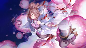 1girl absurdres ahoge ardelia_(arknights) arknights arknights:_endfield breasts brown_hair commentary_request dolly_(arknights) eyjafjalla_(arknights) fingerless_gloves gloves highres horns long_hair looking_at_viewer medium_breasts red_eyes ryuuforkaf