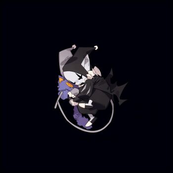 1boy allhailjotman black_background black_hat black_shorts character_doll closed_eyes clown clown_boy colored_skin commentary deltarune doll english_commentary frilled_sleeves frills from_above full_body grey_hat grey_skin grey_tail hat holding holding_doll jester jester_boy jester_cap jevil long_sleeves male_focus neck_ruff open_mouth puff_and_slash_sleeves puffy_sleeves seam_(deltarune) sharp_teeth shorts simple_background solo teeth two-tone_hat u_u upper_teeth_only utdr_(toby_fox)