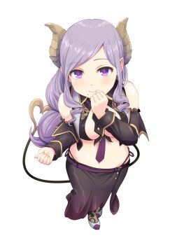 1girl bare_shoulders belt between_breasts black_skirt black_sleeves black_socks black_vest blush breasts brown_horns button_up_skirt clenched_hands closed_mouth colored_shoe_soles commentary_request crop_top cropped_vest demon_girl demon_horns demon_tail detached_sleeves from_above front-tie_bra gold_trim hand_up haniwa_(leaf_garden) high_heels highres horns lace-trimmed_sleeves lace_socks lace_trim lapels long_hair long_sidelocks long_skirt long_sleeves looking_at_viewer lowleg lowleg_skirt mole mole_under_mouth nail_polish nanashi_inc. necktie necktie_between_breasts notched_lapels open_clothes open_vest panties panty_straps parted_bangs pointy_ears pumps purple_belt purple_eyes purple_hair purple_necktie purple_panties saionji_mary saionji_mary_(1st_costume) shoes side-tie_panties side_slit sidelocks simple_background skirt smile socks solo swept_bangs tail transparent_background underwear vest virtual_youtuber white_shoes