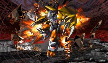 Rule 34 | armor, bly mead, claw (weapon), colored skin, digimon, digimon (creature), dragon, fire, full body, gauntlets, green eyes, helmet, highres, mechanical wings, orange skin, red hair, solo, wargreymon, weapon, wings, yellow armor, yellow wings