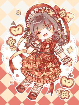 1girl apple argyle_background black_bow black_wrist_cuffs blue_eyes blunt_bangs blush_stickers bonnet bow bowtie brown_hair brown_pupils capelet chibi chinese_commentary collared_shirt commentary_request commission double-parted_bangs dress dress_bow eyes_visible_through_hair food food-themed_clothes food-themed_hair_ornament food_print footwear_bow frilled_headwear frilled_shirt_collar frilled_sleeves frilled_socks frilled_wrist_cuffs frills fruit gradient_background hair_bow hair_ornament hat hat_bow head_tilt heart highres infinity_nikki kneehighs long_hair looking_at_viewer low_twintails mary_janes medium_dress messy_hair nikki_(series) one_eye_closed open_mouth outline pinafore_dress print_dress puffy_short_sleeves puffy_sleeves red_background red_bonnet red_bow red_bowtie red_capelet red_dress red_shoes ribbon-trimmed_sleeves ribbon_trim shiguangbulao277 shirt shoes short_sleeves short_twintails sleeveless sleeveless_dress smile socks solo striped_bow sweet_memories_(infinity_nikki) twintails two-tone_background white_outline white_shirt white_socks wrist_cuffs yellow_background