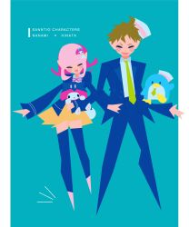 Rule 34 | 1boy, 1girl, ahoge, aqua background, bird, blue footwear, blue jacket, blue pants, blue sleeves, blue suit, blue thighhighs, blush stickers, brown hair, character hair ornament, character name, che che che, closed eyes, coattails, collared jacket, collared shirt, danganronpa (series), danganronpa 2: goodbye despair, formal, full body, green necktie, hair ornament, hairclip, happy, hat, high-waist pants, highres, hinata hajime, holding, holding stuffed toy, hood, hood down, hooded jacket, jacket, long hair, long sleeves, miniskirt, my melody, nanami chiaki, neck ribbon, necktie, no lineart, notice lines, open clothes, open jacket, open mouth, outside border, pants, penguin, pillarboxed, pink footwear, pink hair, pink ribbon, pleated skirt, ribbon, sailor hat, sanrio, shirt, shoes, short hair, simple background, skirt, smile, stuffed animal, stuffed rabbit, stuffed toy, suit, thighhighs, tuxedo sam, white hat, white shirt, yellow skirt