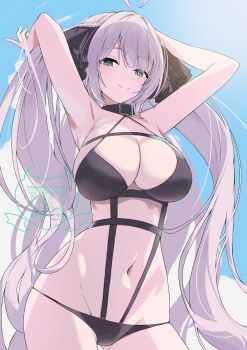 1girl absurdres ahoge aqua_eyes armpits arms_up belt_collar bikini black_bikini breasts cleavage collar commentary_request commission ev_(dai00888) grey_hair heart heart_ahoge highres indie_virtual_youtuber jiu_(vtuber) large_breasts long_hair looking_at_viewer navel skeb_commission smile solo swimsuit virtual_youtuber watermark