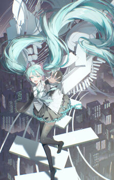 1girl :d absurdly_long_hair absurdres aqua_eyes aqua_hair black_skirt black_sleeves black_thighhighs boots building city cityscape collared_shirt commentary detached_sleeves english_commentary floating_hair floating_stairs frills full_body hair_between_eyes hair_ornament happy hatsune_miku hatsune_miku_happy_16th_birthday_-dear_creators- highres long_hair long_sleeves looking_at_viewer night nun_nu open_mouth outdoors outstretched_arm pleated_skirt reaching shirt skirt sky skyscraper sleeveless sleeveless_shirt smile solo thigh_boots thighhighs twintails very_long_hair vocaloid white_shirt wide_sleeves zettai_ryouiki