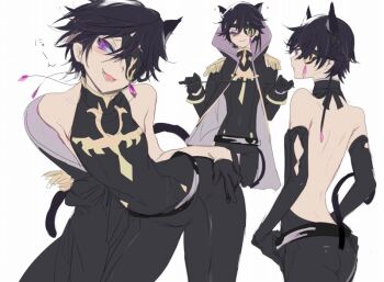 1boy :3 animal_ears ass back backless_outfit bare_shoulders belt bent_over black_gloves black_hair blush bridal_gauntlets cat_boy cat_ears cat_tail code_geass code_geass:_boukoku_no_akito commentary_request covered_navel earrings elbow_gloves eyepatch floating_earrings from_behind gloves hair_between_eyes half_gloves ihonhon jewelry julius_kingsley lelouch_vi_britannia looking_at_viewer male_focus narrow_waist off_shoulder open_mouth purple_eyes shiny_clothes short_hair slit_pupils smile smug standing tail thighs trap white_background