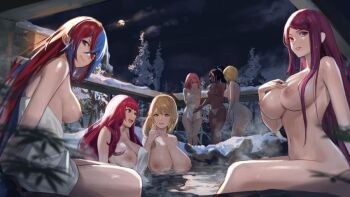 6+girls black_hair blonde_hair blue_eyes blue_hair bra breasts breasts_out citrinne_(fire_emblem) cleavage crossed_bangs dark-skinned_female dark_skin facing_away female_alear_(fire_emblem) female_focus fire_emblem fire_emblem_engage full_moon functionally_nude goldmary_(fire_emblem) heterochromia ivy_(fire_emblem) j@ck lapis_(fire_emblem) large_breasts looking_at_viewer matching_hair/eyes mole mole_under_mouth moon multicolored_hair multiple_girls naked_towel navel night nintendo nipples onsen open_mouth panties parted_lips pink_hair purple_eyes purple_hair red_eyes red_hair sky smile snow split-color_hair standing strapless strapless_bra timerra_(fire_emblem) towel underwear underwear_only white_bra white_panties yellow_eyes yunaka_(fire_emblem)