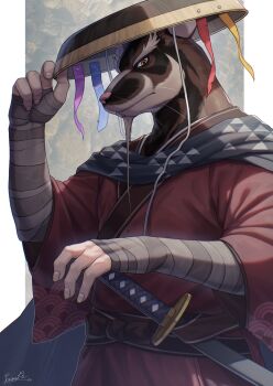 1boy animal_ears artist_name bandaged_arm bandages beard brown_fur commentary facial_hair furry furry_male hand_on_headwear hand_on_hilt highres katana looking_at_viewer male_focus master_splinter mouse_ears ponzu_tas profile rat_boy red_robe robe sheath sheathed signature sword teenage_mutant_ninja_turtles weapon