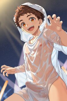 1boy artist_request blush brown_eyes brown_hair erection highres looking_at_viewer male_focus naked_raincoat navel nipples open_mouth original penis raincoat see-through_clothes see-through_raincoat shota solo testicles