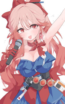 Rule 34 | 1girl, absurdres, arknights, arm up, armpits, blue dress, bow, breasts, cleavage, collarbone, commentary request, dress, earrings, gloves, hair bow, haruka (arknights), highres, holding, holding microphone, jewelry, large breasts, long hair, looking at viewer, microphone, mole, mole on cheek, open mouth, orange hair, pinky out, pointy ears, red bow, red eyes, red gloves, simple background, smile, solo, strapless, strapless dress, sweat, upper body, white background, yuuko (oruta)